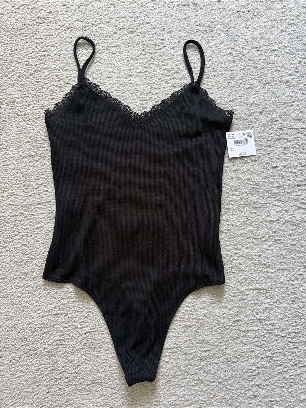 American Eagle Lace Trim Black Ribbed Camisole Bodysuit | Sz L